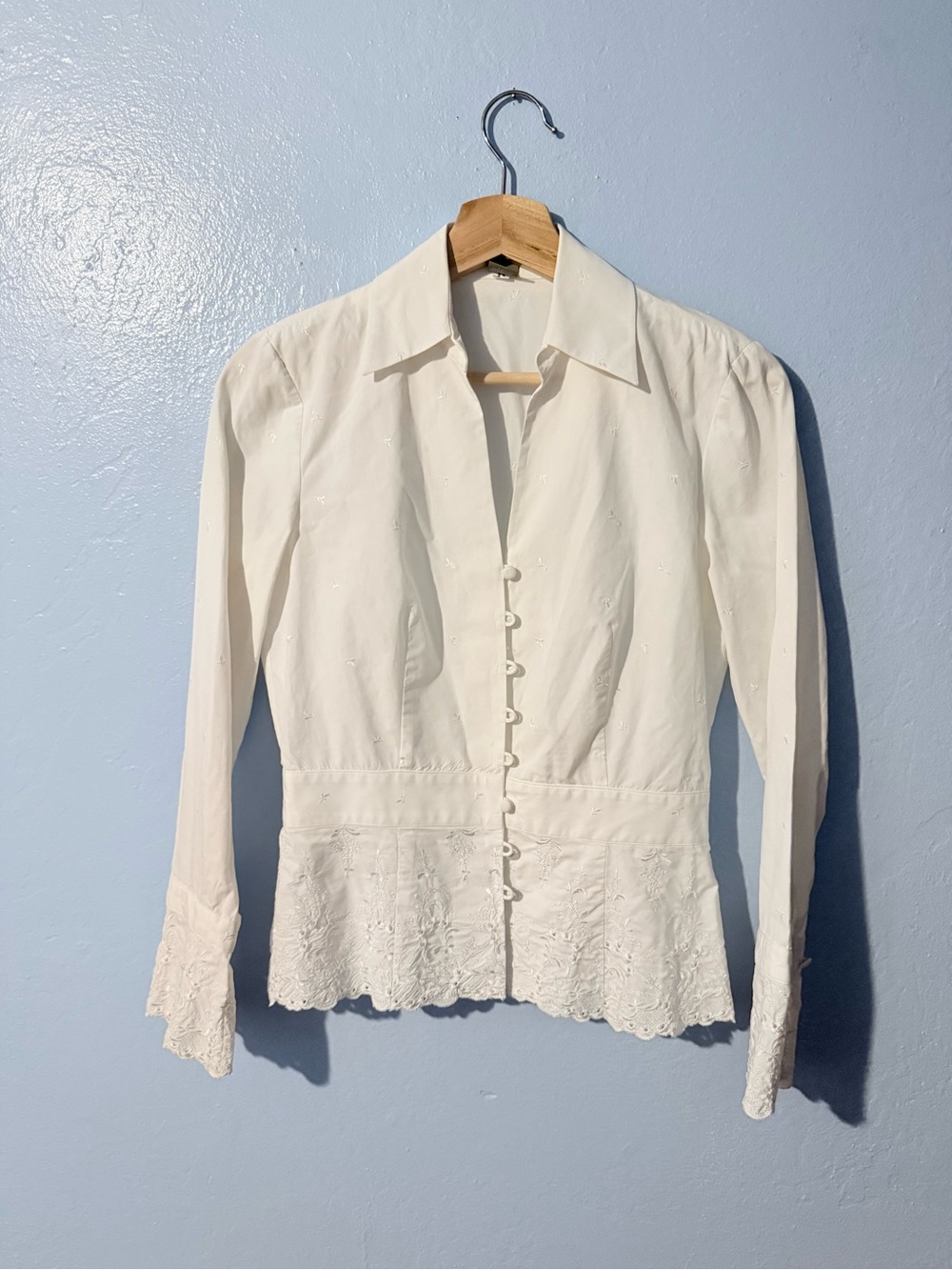 Ann Taylor Ivory Lace-Hem Buttoned Blouse